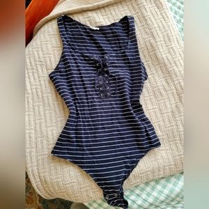 Black and white striped lace up bodysuit